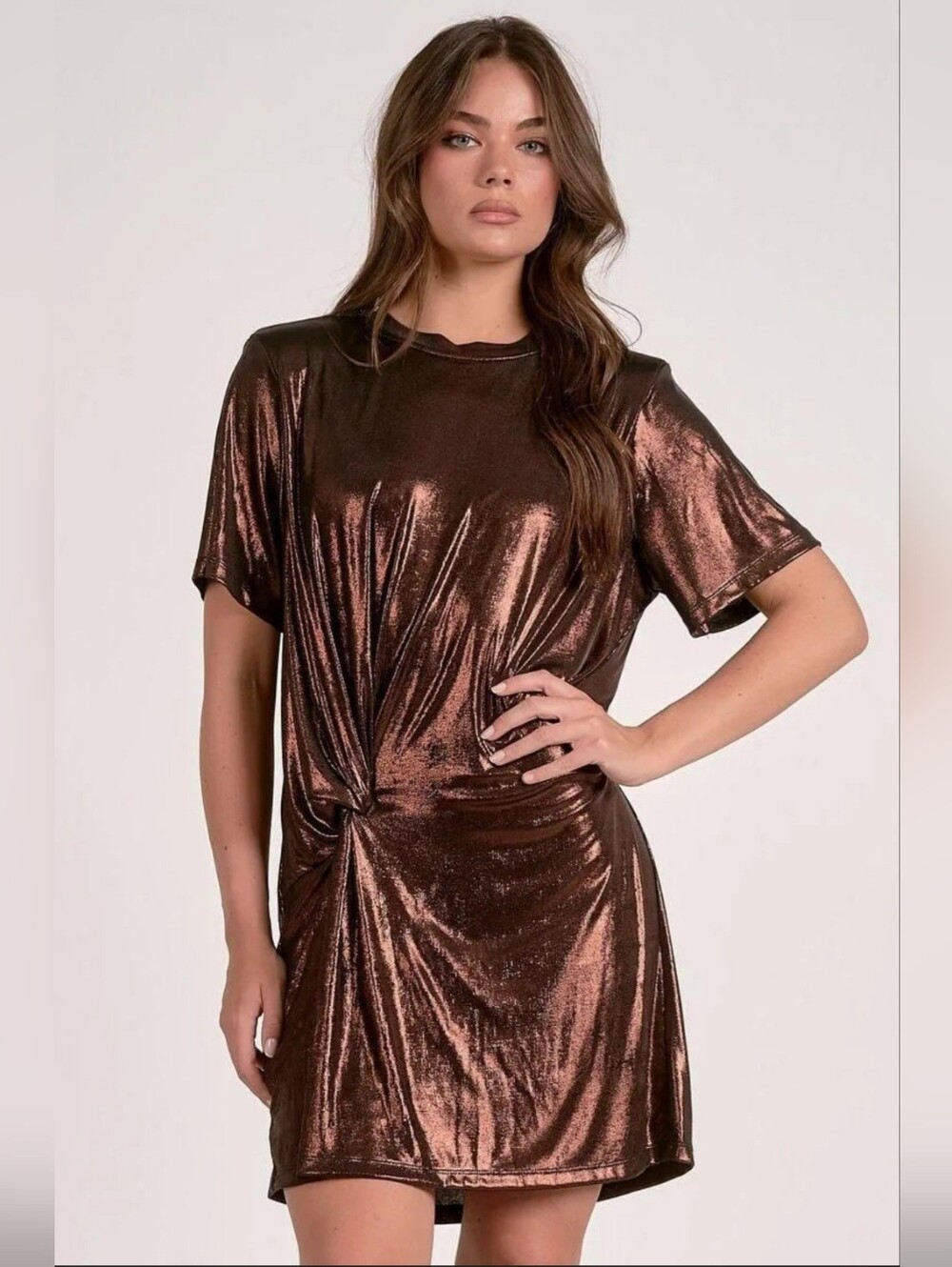 Elan Metallic Bronze Twist Hem Short Sleeve Dress Sz. XS(IN PIC)  RUNS BIG!